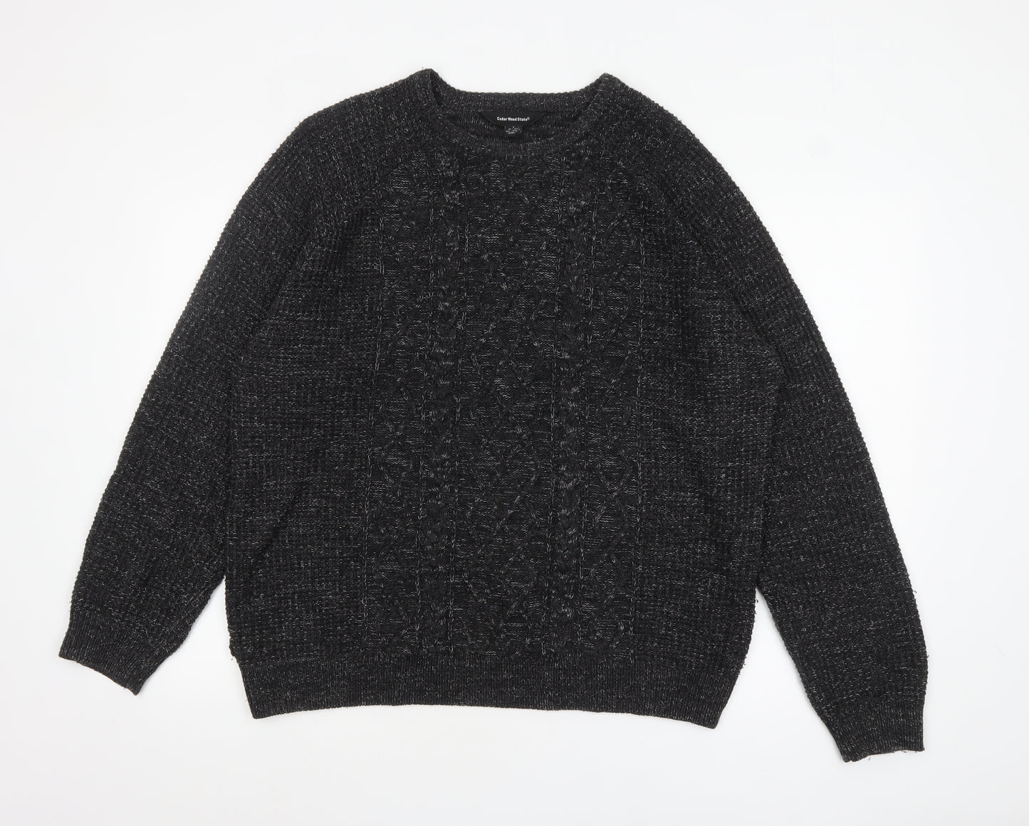 Cedar Wood State Men's Black Cable-Knit Crew Neck Pullover Jumper Size L