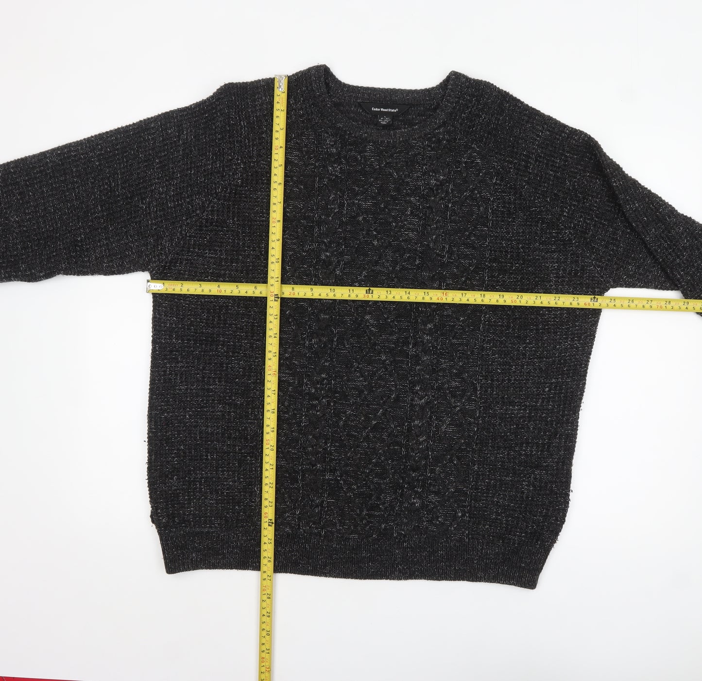 Cedar Wood State Men's Black Cable-Knit Crew Neck Pullover Jumper Size L