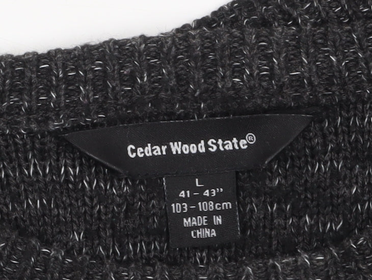 Cedar Wood State Men's Black Cable-Knit Crew Neck Pullover Jumper Size L