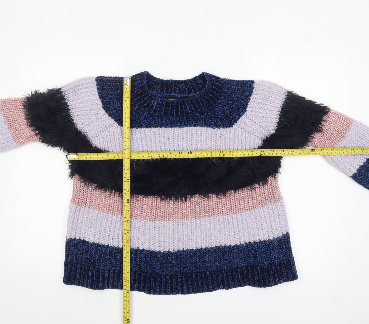 ONLY Womens XL Multicoloured Striped Crew Neck Chunky Knit Jumper