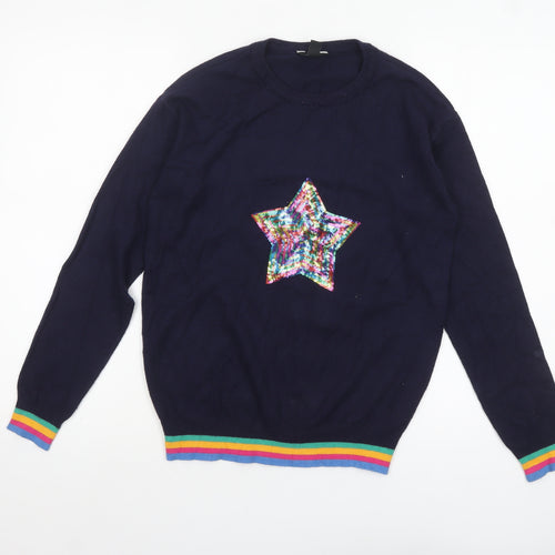M&Co Women’s Blue Sequin Star Rainbow Trim Jumper Size 8