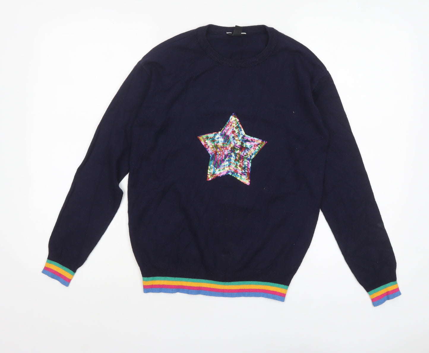 M&Co Women’s Blue Sequin Star Rainbow Trim Jumper Size 8