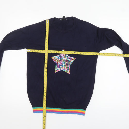 M&Co Women’s Blue Sequin Star Rainbow Trim Jumper Size 8
