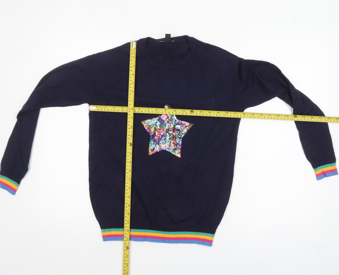 M&Co Women’s Blue Sequin Star Rainbow Trim Jumper Size 8