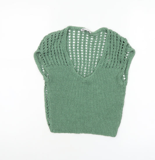 Zara Women Green Knit V-Neck Cropped Sleeveless Top M
