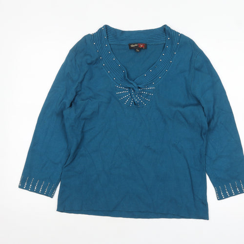 Stephen Women’s Blue Beaded V-Neck 3/4 Sleeve Pullover Jumper L