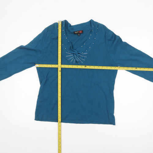 Stephen Women’s Blue Beaded V-Neck 3/4 Sleeve Pullover Jumper L