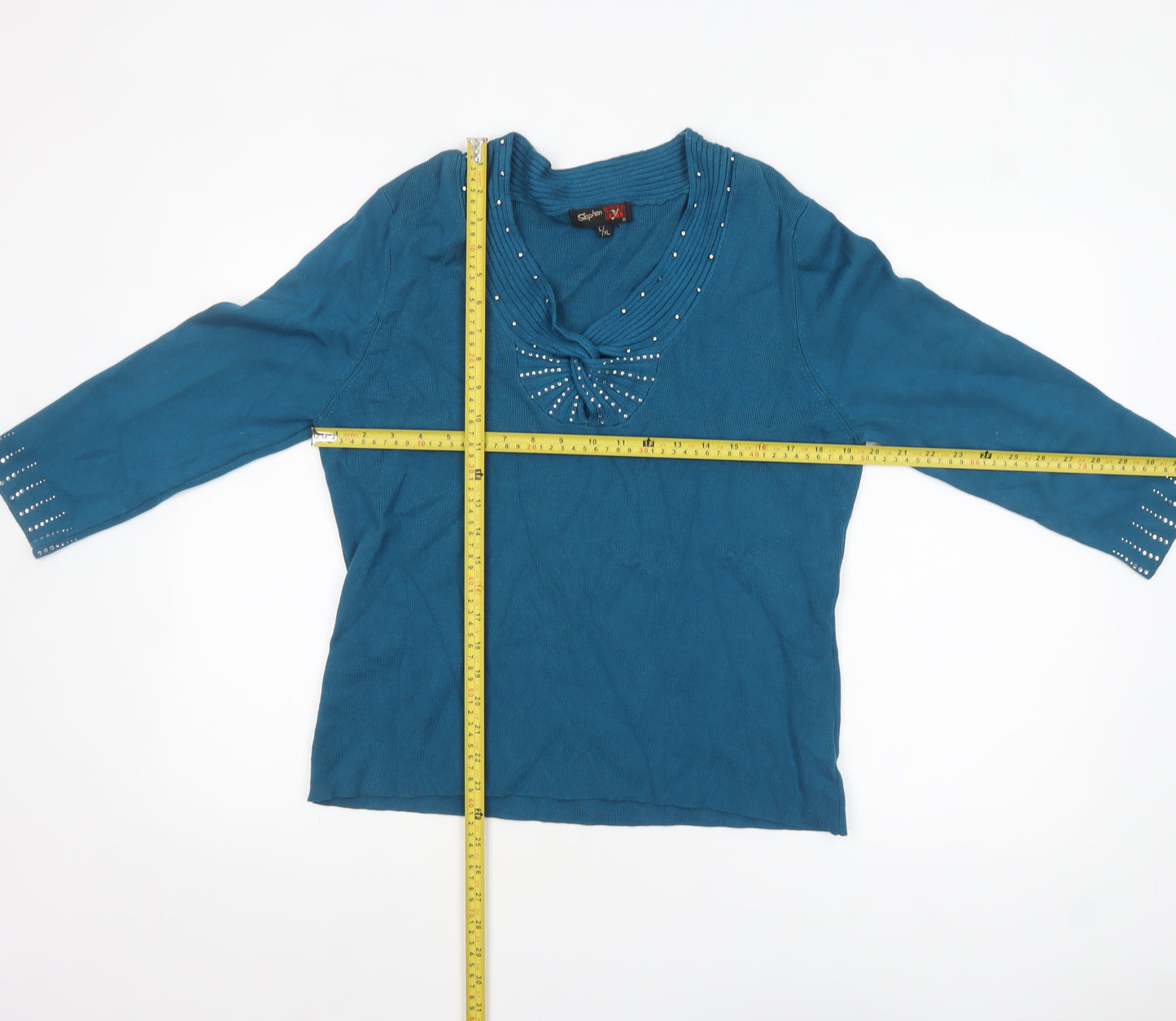 Stephen Women’s Blue Beaded V-Neck 3/4 Sleeve Pullover Jumper L