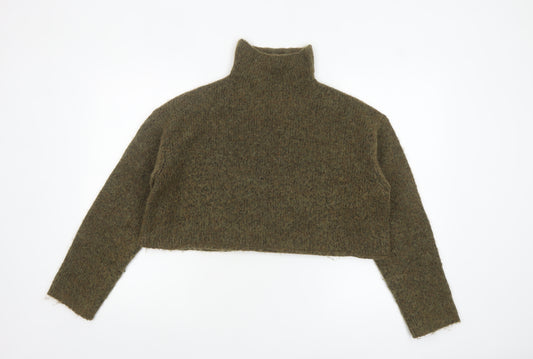 Zara Women Brown High Neck Wool Blend Cropped Jumper Size S