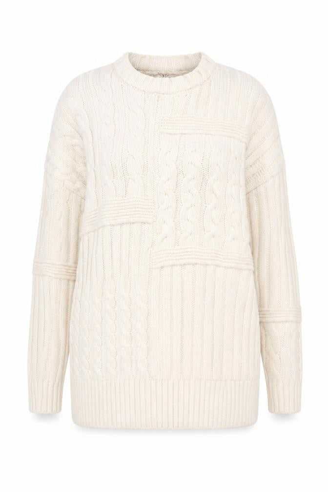 Front view of Julipa Women’s Ivory Cable Knit Long Sleeve jumper, size UK 16/18