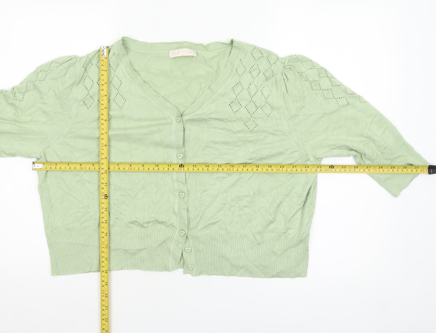 Belle Poque Women Green 2XL V-Neck 3/4 Sleeve Cardigan