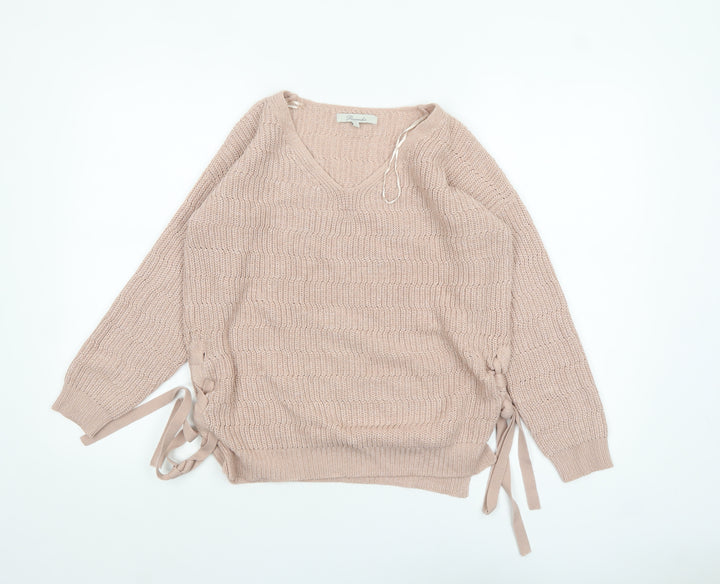Peacocks Women's Beige V-Neck Knit Pullover Jumper Size S