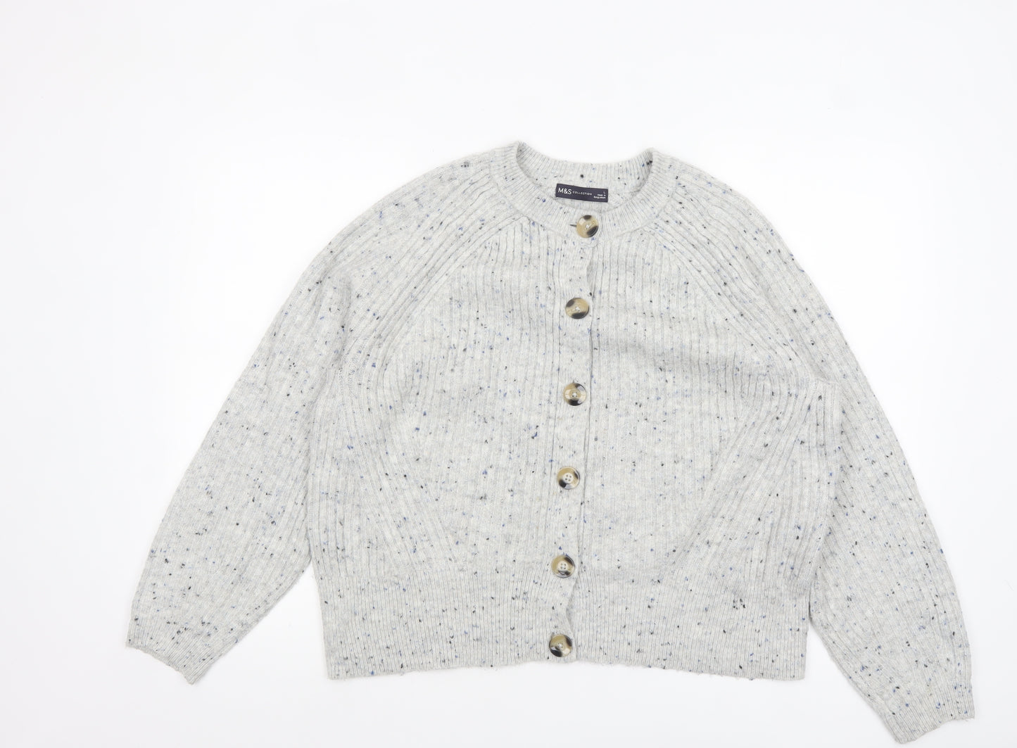 Marks and Spencer Women Grey Cardigan L Knit Button Long Sleeve