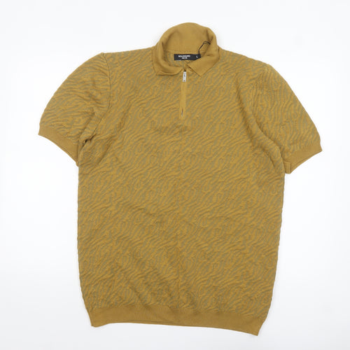 Bolongaro Trevor Men's Brown Animal Knit Zip Collar Polo Shirt L