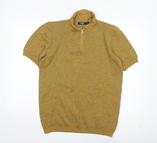 Bolongaro Trevor Men's Brown Animal Knit Zip Collar Polo Shirt L