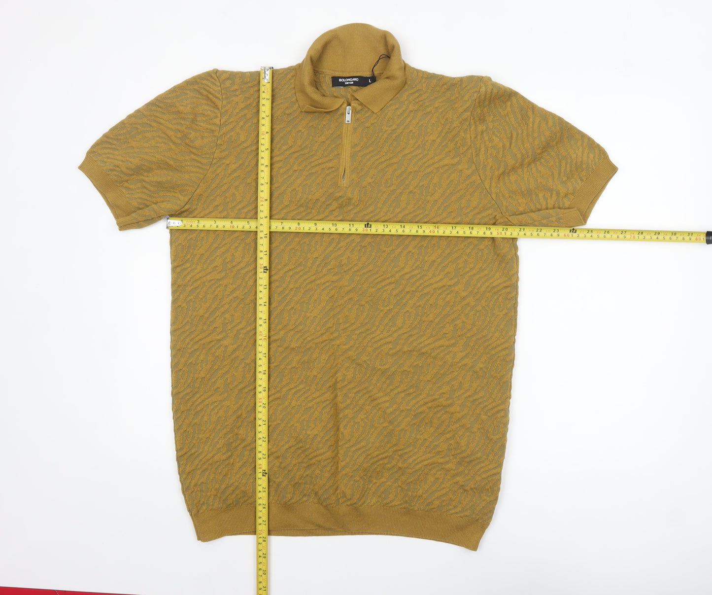 Bolongaro Trevor Men's Brown Animal Knit Zip Collar Polo Shirt L