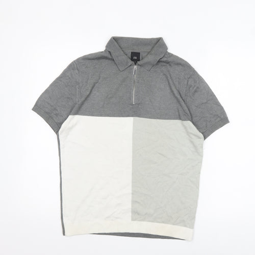 River Island Men’s Grey Colourblock Polo Shirt Size S 1/4 Zip Cotton Mix