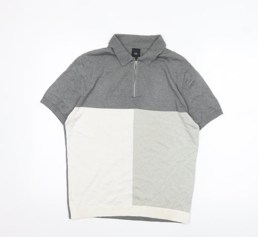 River Island Men’s Grey Colourblock Polo Shirt Size S 1/4 Zip Cotton Mix