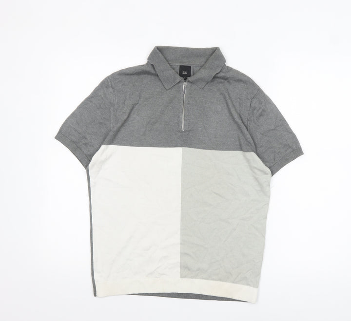 River Island Men’s Grey Colourblock Polo Shirt Size S 1/4 Zip Cotton Mix