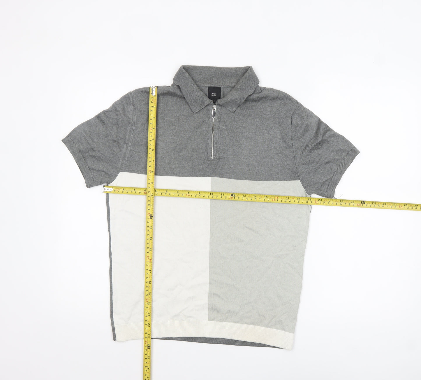 River Island Men’s Grey Colourblock Polo Shirt Size S 1/4 Zip Cotton Mix