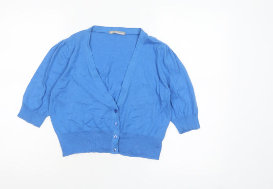 Marks and Spencer Women Blue Size 14 V-Neck 3/4 Sleeve Cotton Cardigan