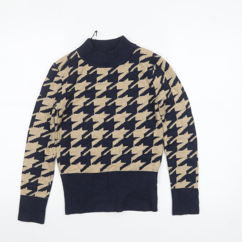 Marks and Spencer Women’s Beige & Navy Mock Neck Houndstooth Jumper Size 8
