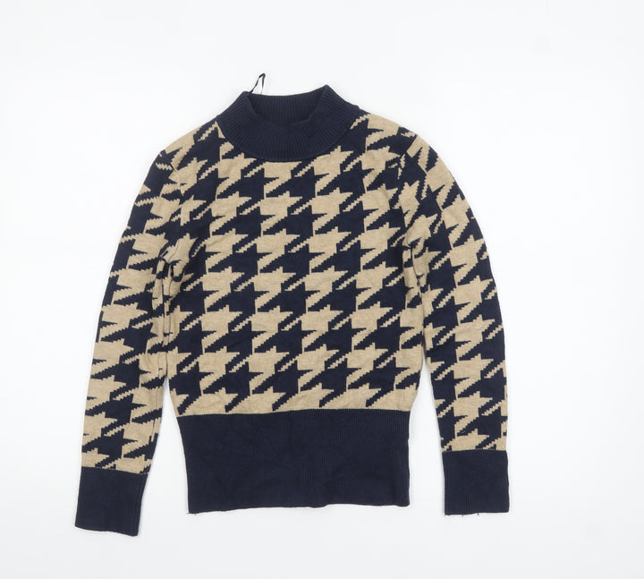 Marks and Spencer Women’s Beige & Navy Mock Neck Houndstooth Jumper Size 8