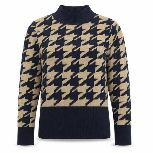 Marks and Spencer Women’s Beige & Navy Mock Neck Houndstooth Jumper Size 8