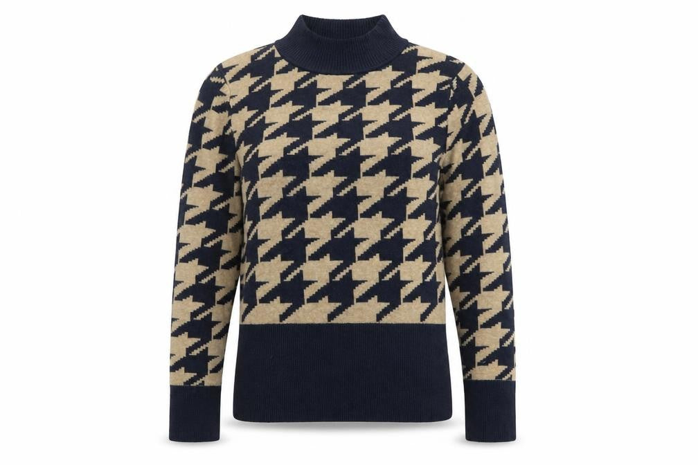 Marks and Spencer Women’s Beige & Navy Mock Neck Houndstooth Jumper Size 8