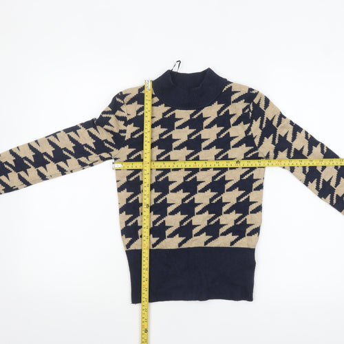 Marks and Spencer Women’s Beige & Navy Mock Neck Houndstooth Jumper Size 8