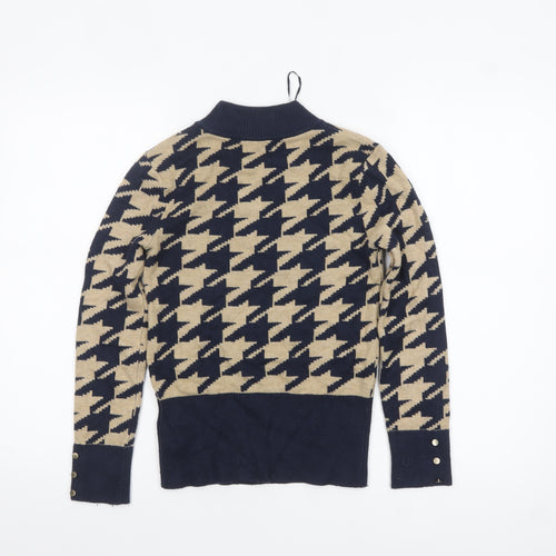 Marks and Spencer Women’s Beige & Navy Mock Neck Houndstooth Jumper Size 8