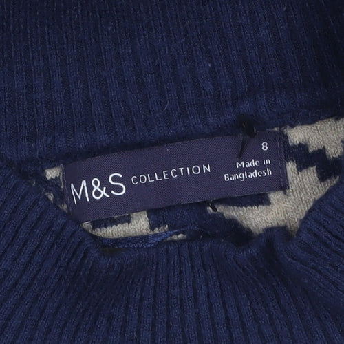 Marks and Spencer Women’s Beige & Navy Mock Neck Houndstooth Jumper Size 8