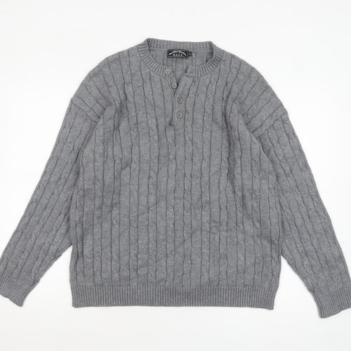 David & Me Him & Lilly Men's Grey Cable-Knit Henley Wool Jumper L