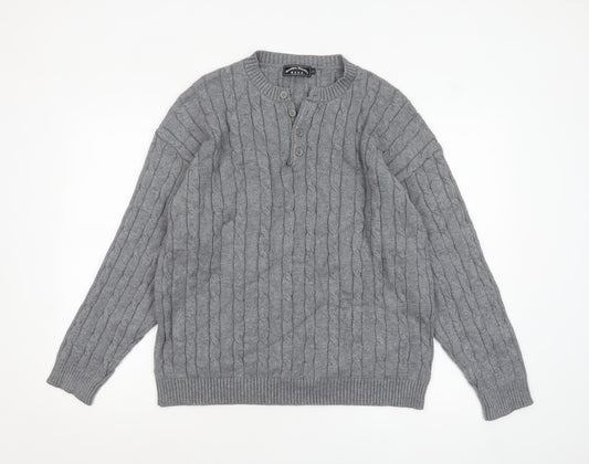 David & Me Him & Lilly Men's Grey Cable-Knit Henley Wool Jumper L