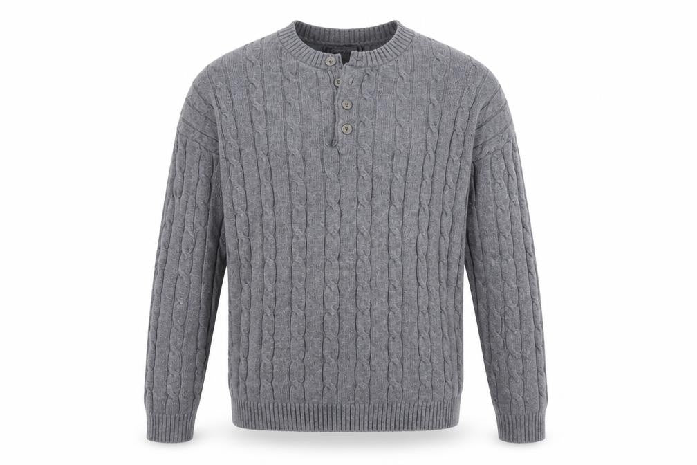 Front view of David & Me Him & Lilly Men's Grey Cable-Knit Henley Wool Jumper L