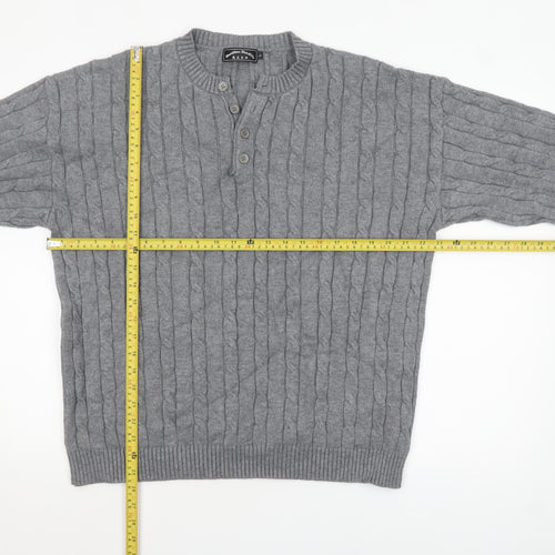 David & Me Him & Lilly Men's Grey Cable-Knit Henley Wool Jumper L