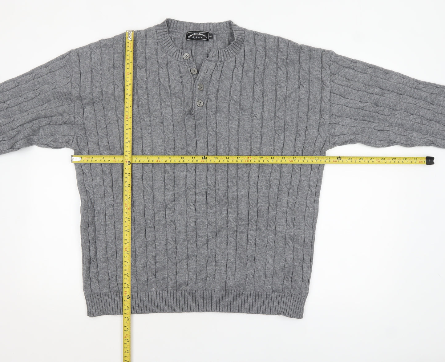 David & Me Him & Lilly Men's Grey Cable-Knit Henley Wool Jumper L