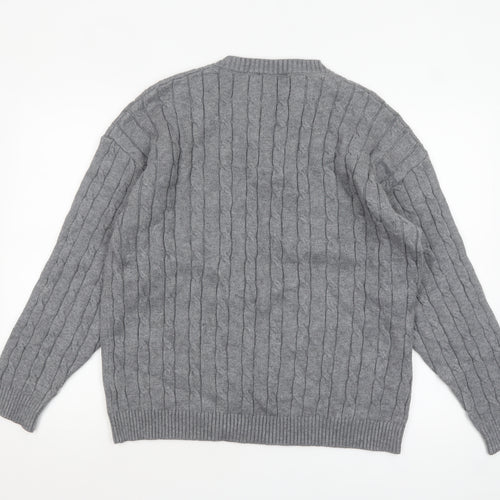 David & Me Him & Lilly Men's Grey Cable-Knit Henley Wool Jumper L