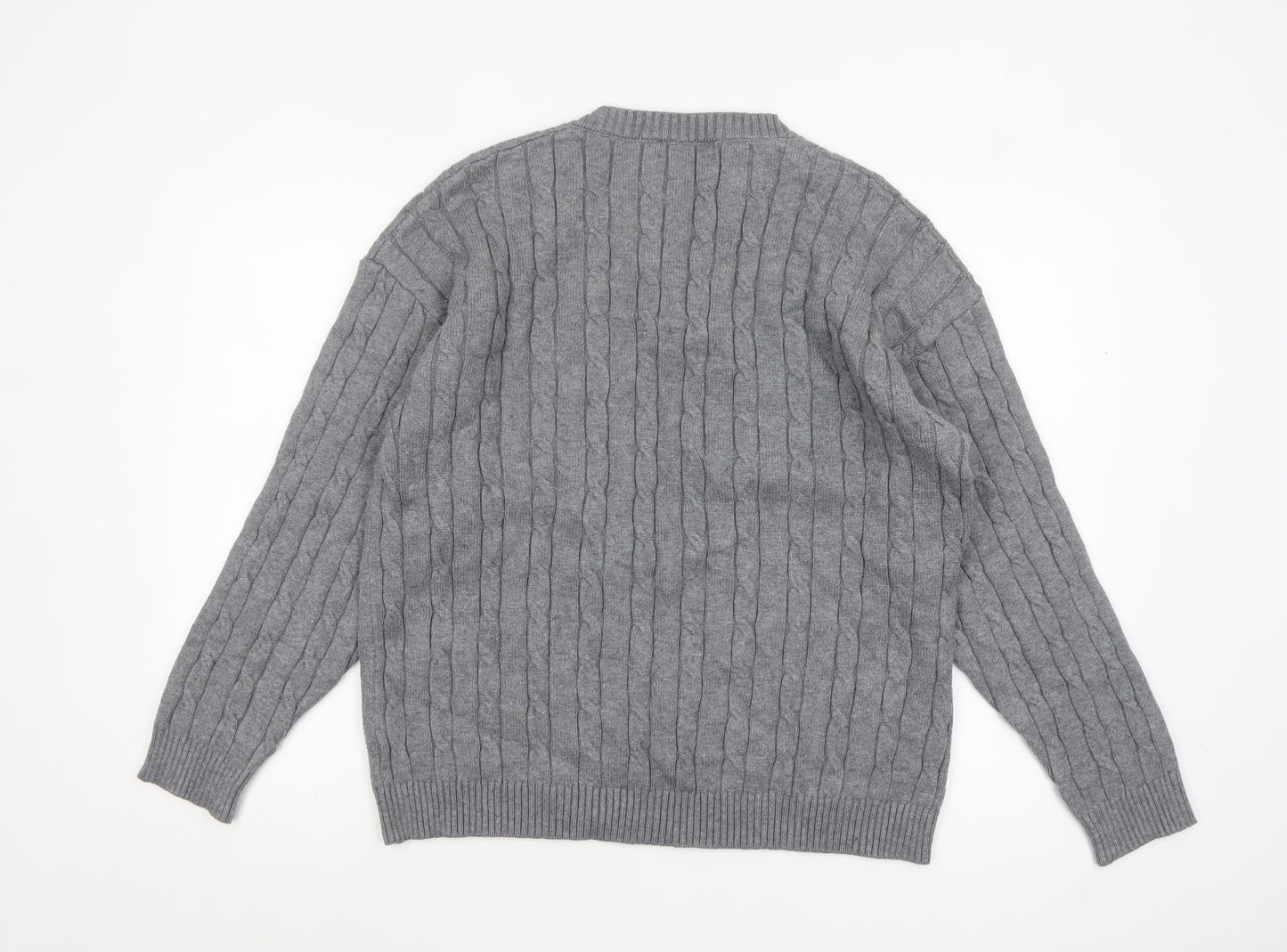 David & Me Him & Lilly Men's Grey Cable-Knit Henley Wool Jumper L
