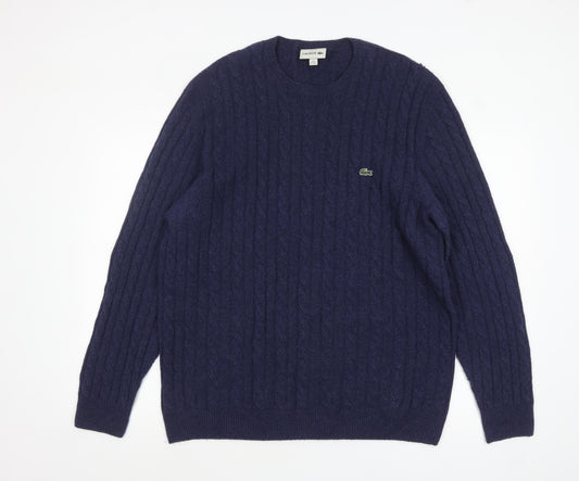 Lacoste Men's Blue 2XL Cable-Knit Merino Wool Crew Neck Jumper