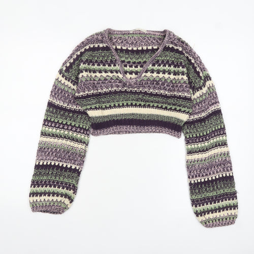 Pull & Bear Women Purple Green Crochet Knit Cropped Jumper S