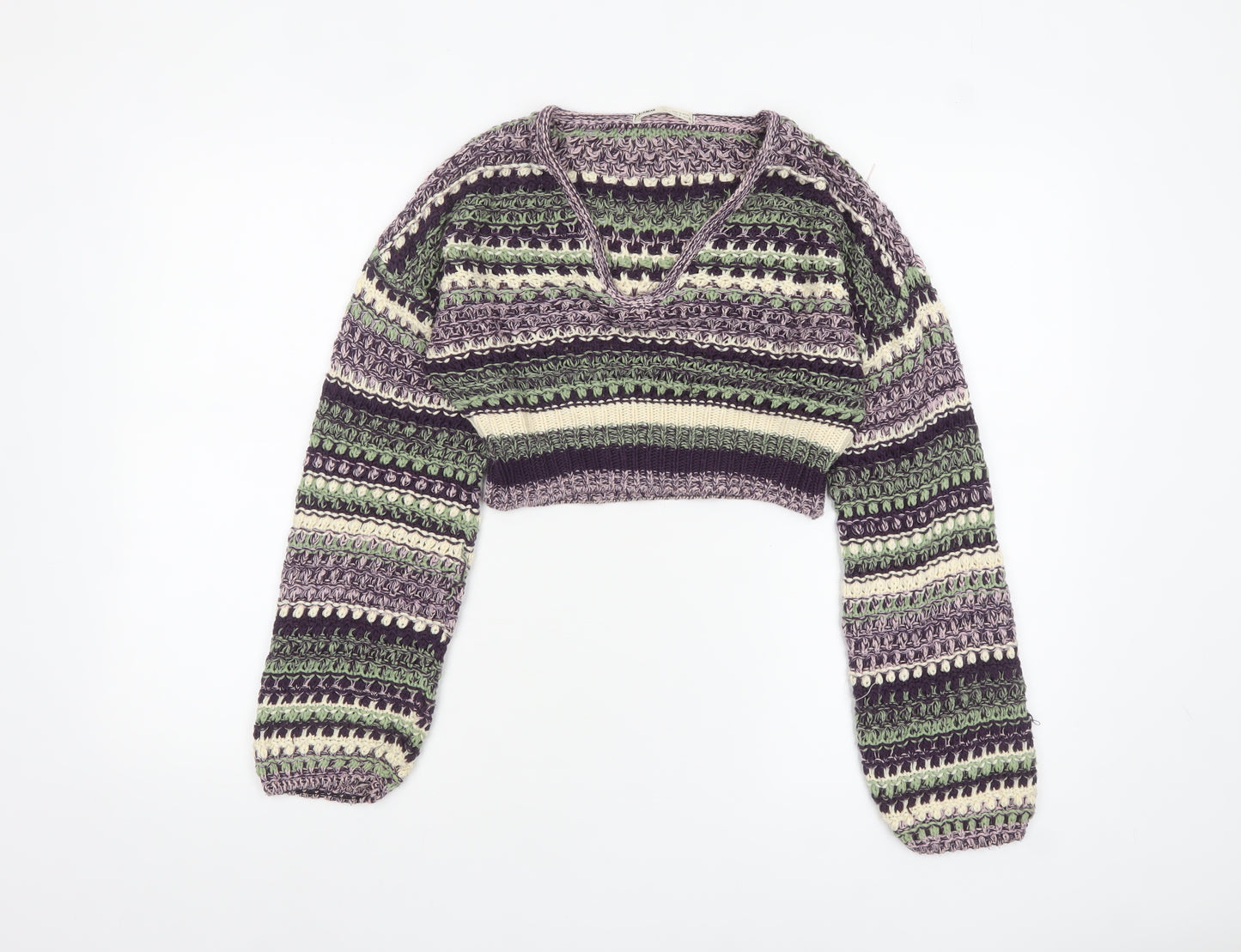 Pull & Bear Women Purple Green Crochet Knit Cropped Jumper S