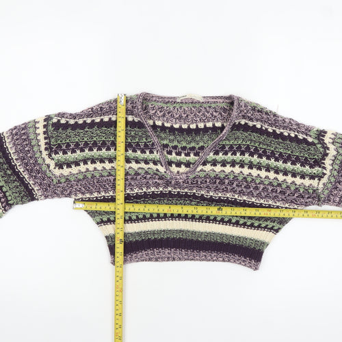 Pull & Bear Women Purple Green Crochet Knit Cropped Jumper S