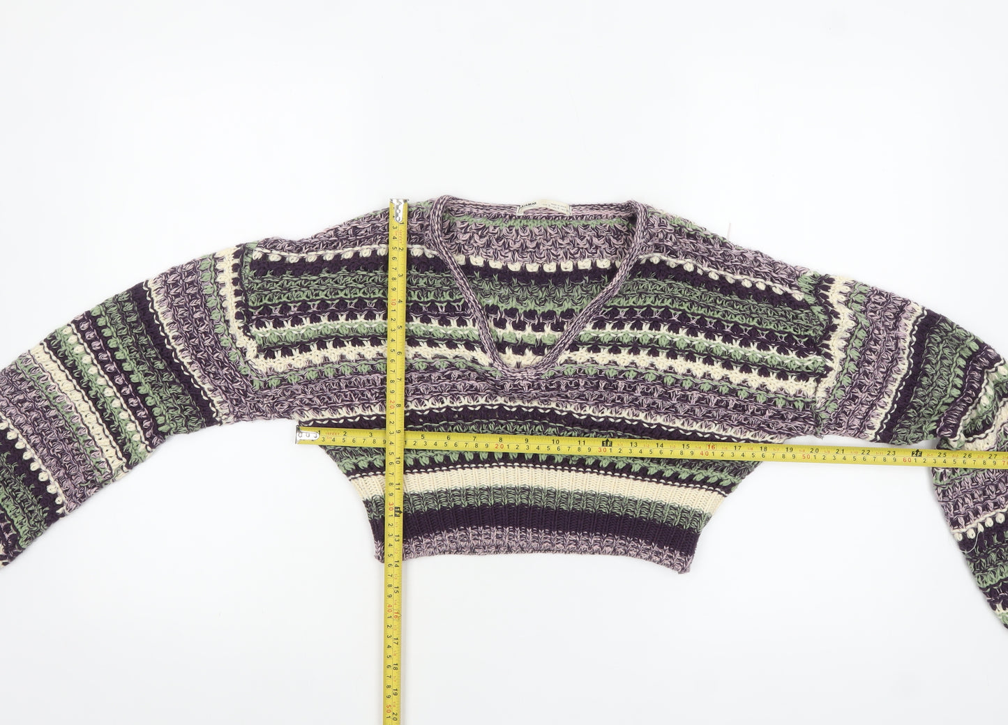 Pull & Bear Women Purple Green Crochet Knit Cropped Jumper S