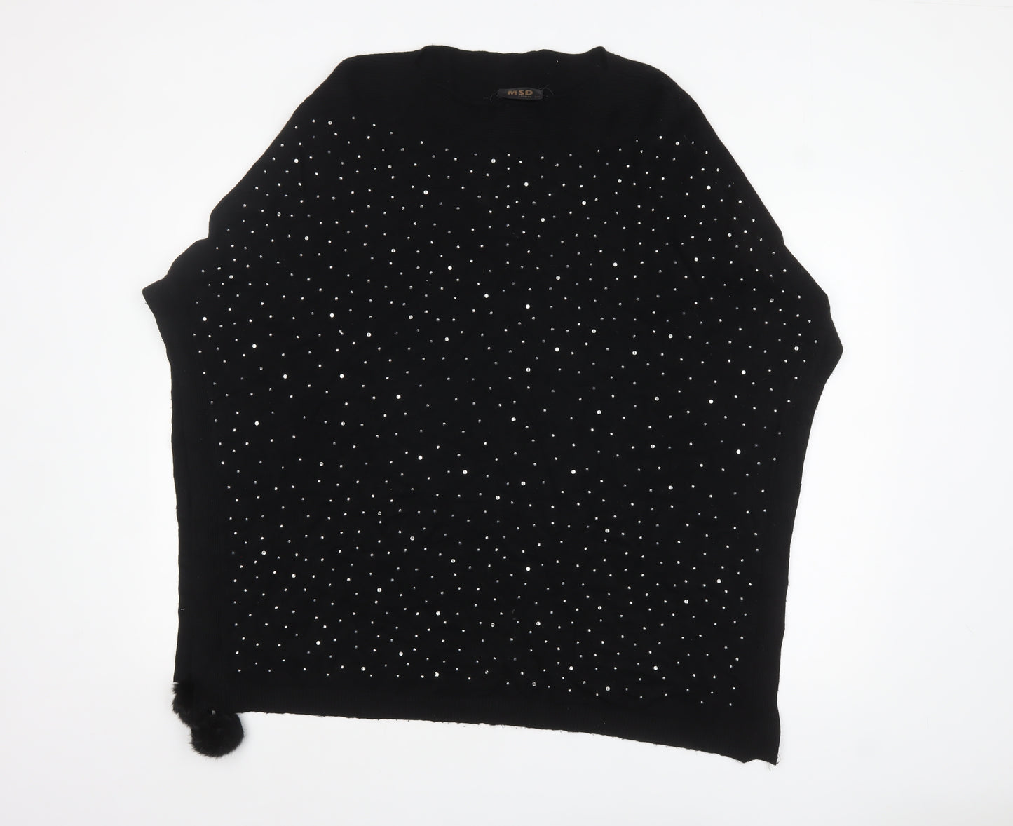 MSD Women's Black Beaded Knit Poncho Jumper S Viscose Blend