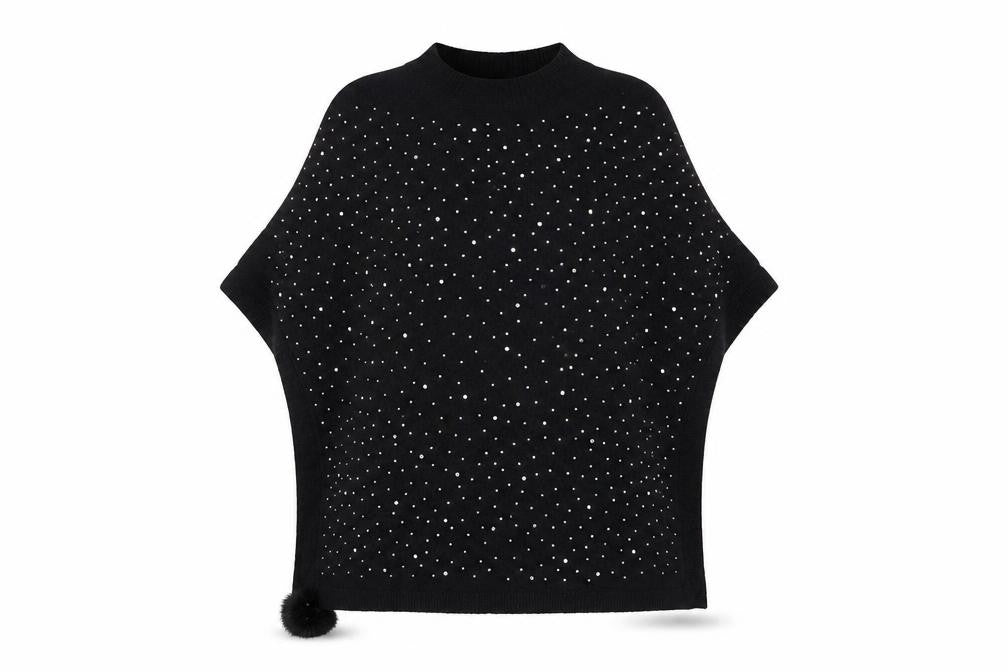 Front view of MSD Women's Black Beaded Knit Poncho Jumper S Viscose Blend
