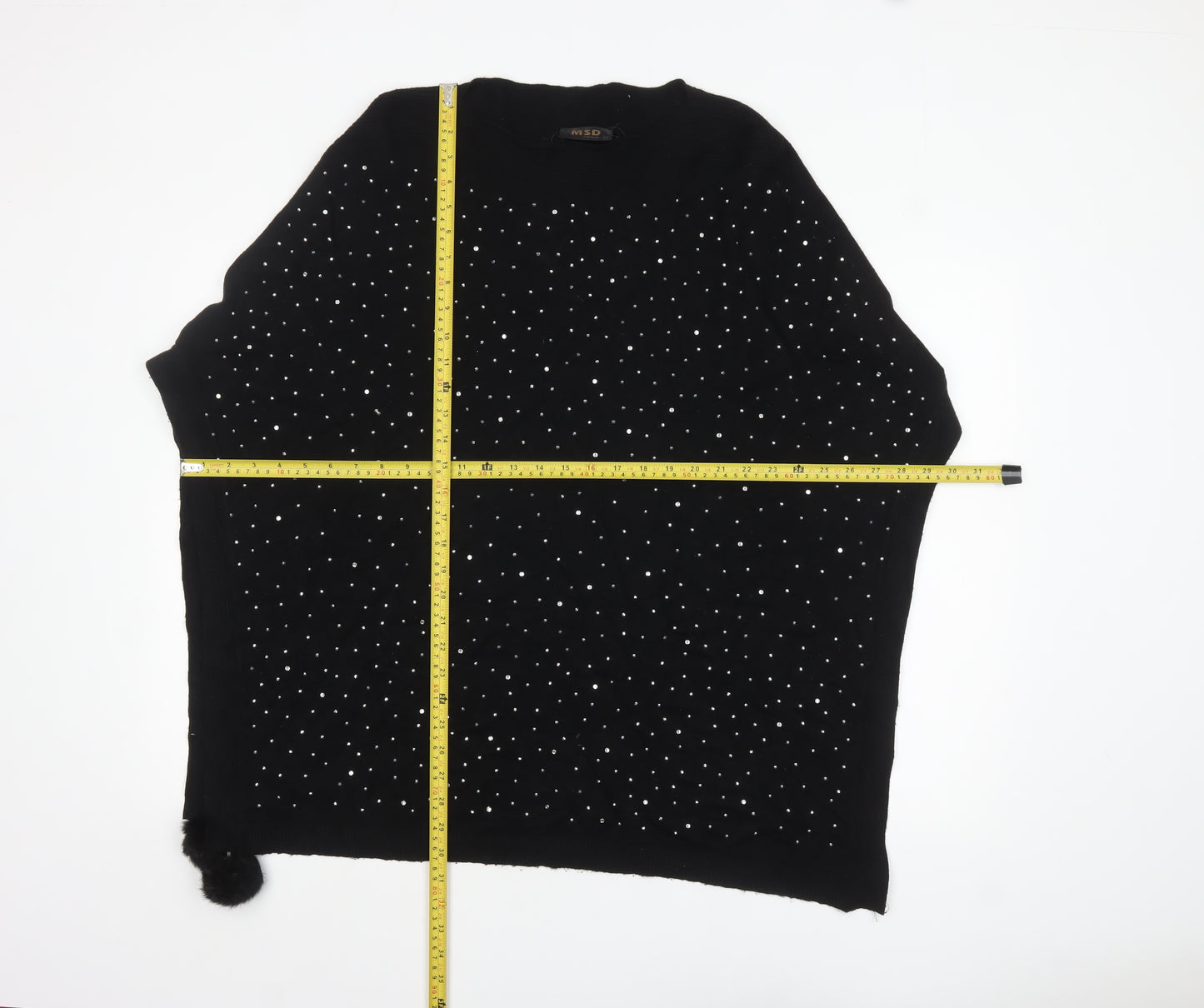 MSD Women's Black Beaded Knit Poncho Jumper S Viscose Blend
