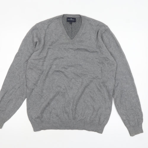 Marks and Spencer Men Grey Cotton V-Neck Pullover Jumper M