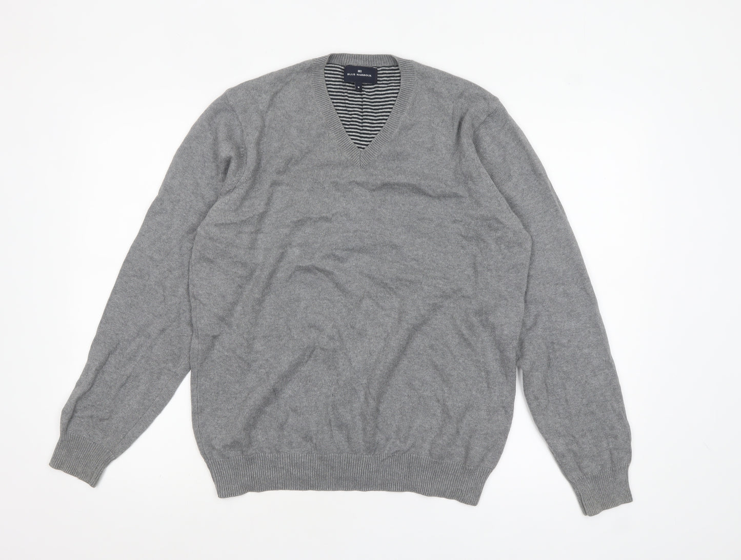 Marks and Spencer Men Grey Cotton V-Neck Pullover Jumper M