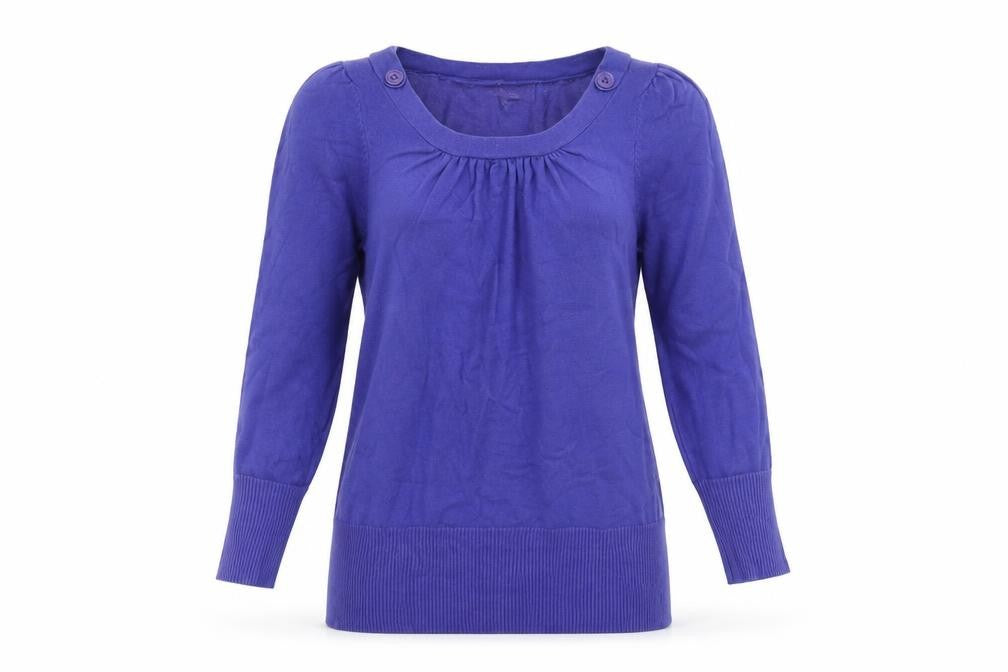 Front view of Autonomy women’s purple, size UK 12, lightweight cotton scoop neck jumper